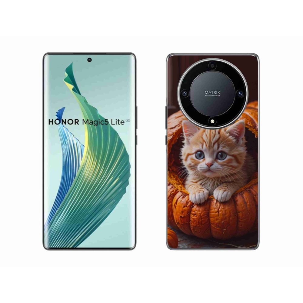 Gelový kryt mmCase na Honor Magic 5 Lite 5G - kotě a dýně 2