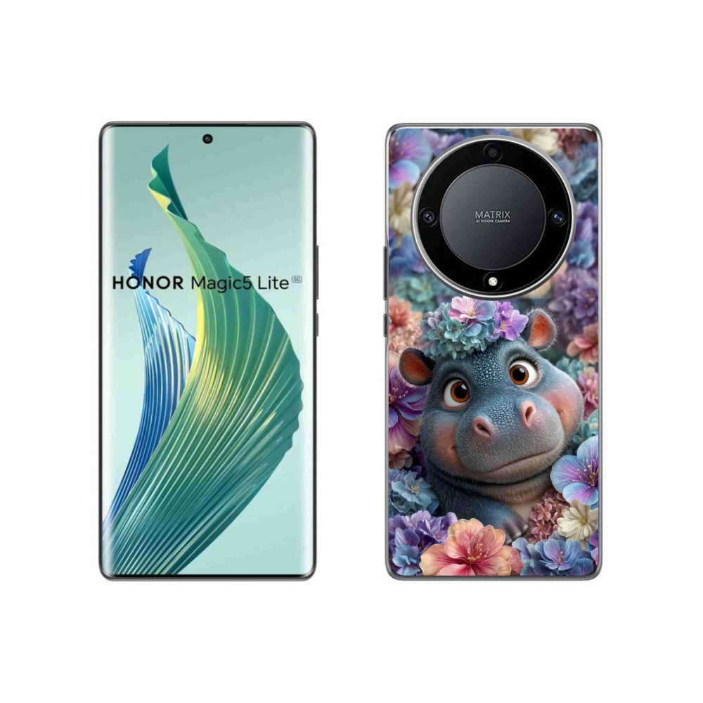 Gelový kryt mmCase na Honor Magic 5 Lite - hrošík v květinách
