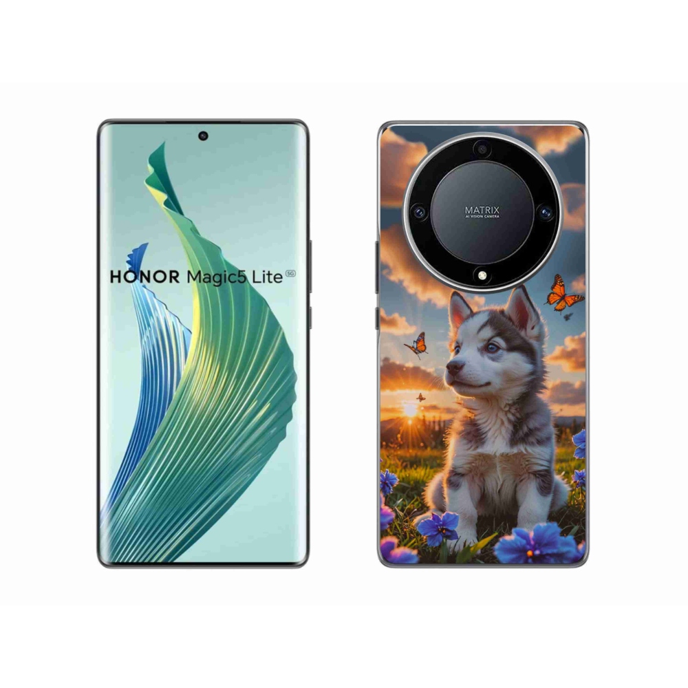 Gelový kryt mmCase na Honor Magic 5 Lite - husky při západu slunce