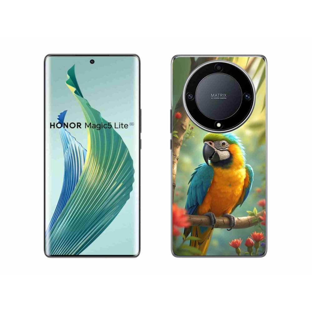 Gelový kryt mmCase na Honor Magic 5 Lite - papoušek ara modrožlutá