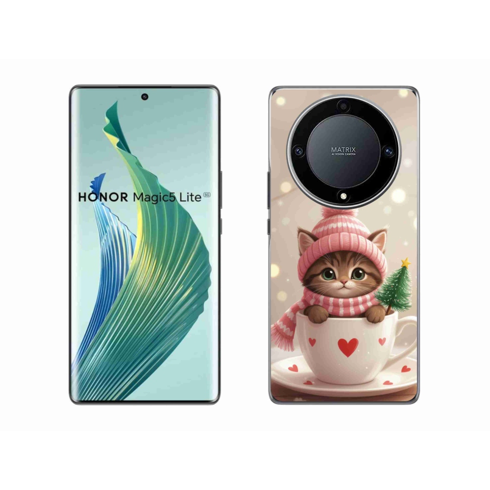 Gelový kryt mmCase na Honor Magic 5 Lite - vánoční kotě v hrnku