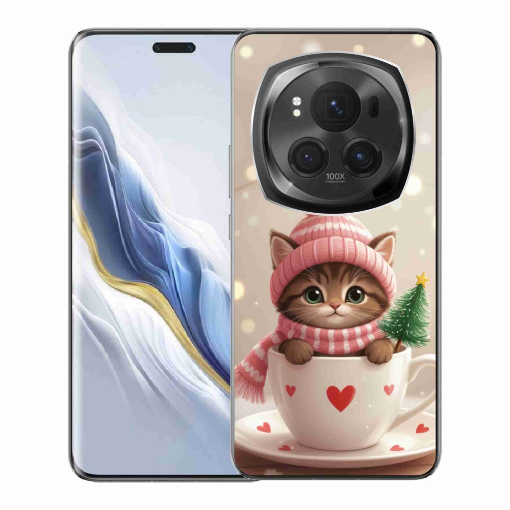 Gelový kryt mmCase na Honor Magic 6 Pro 5G - vánoční kotě v hrnku
