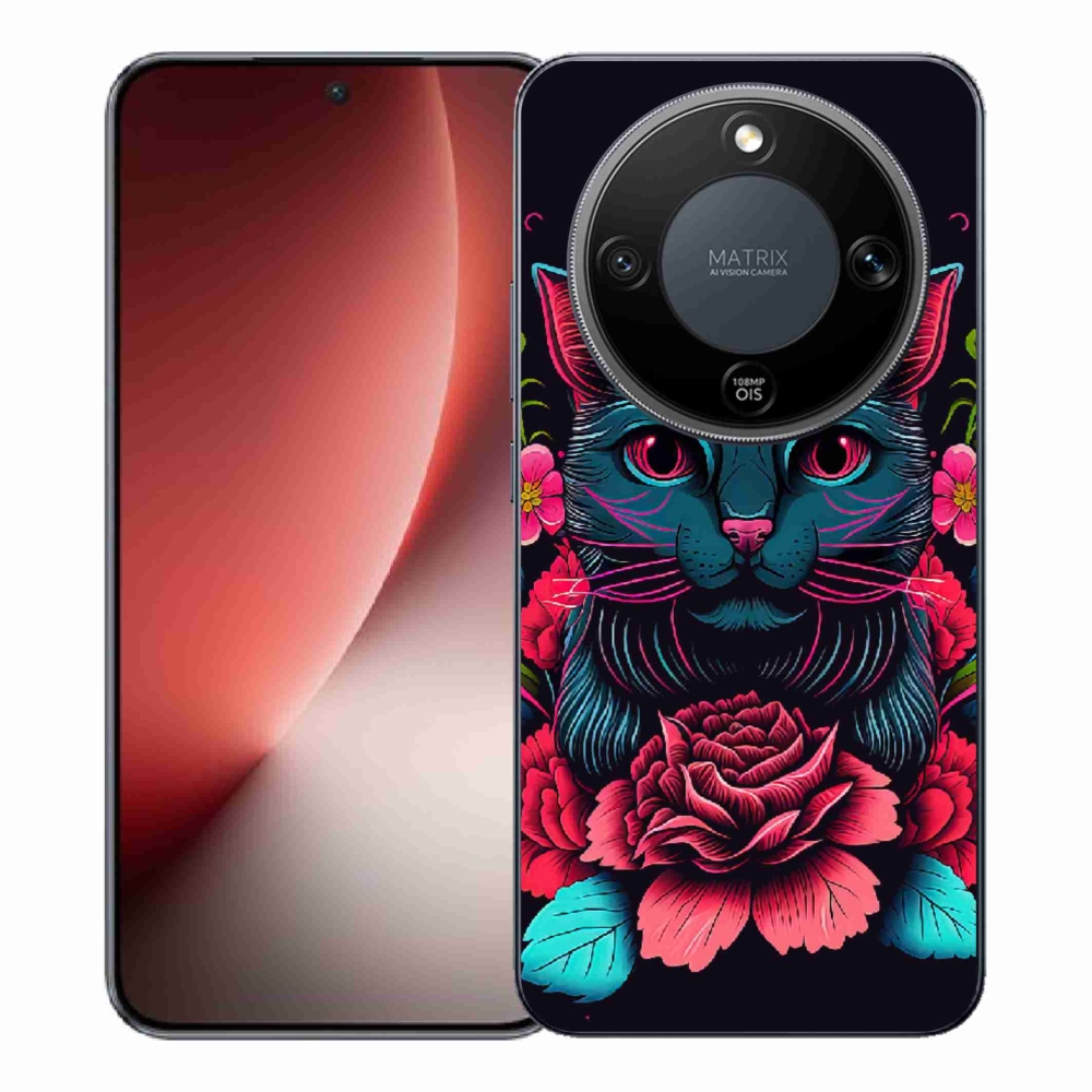 Gelový kryt mmCase na Honor Magic 8 Lite 5G - květiny a kočka