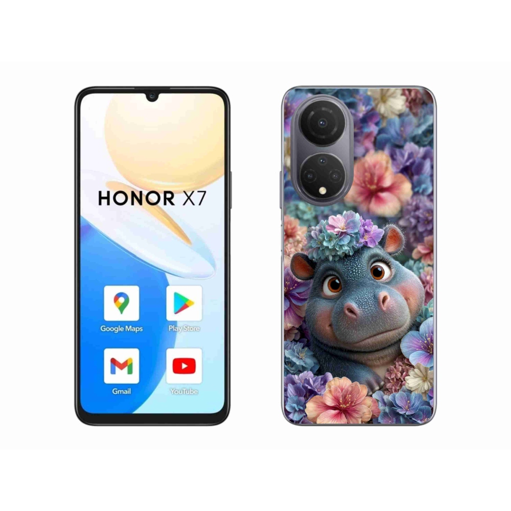 Gelový kryt mmCase na Honor X7 - hrošík v květinách