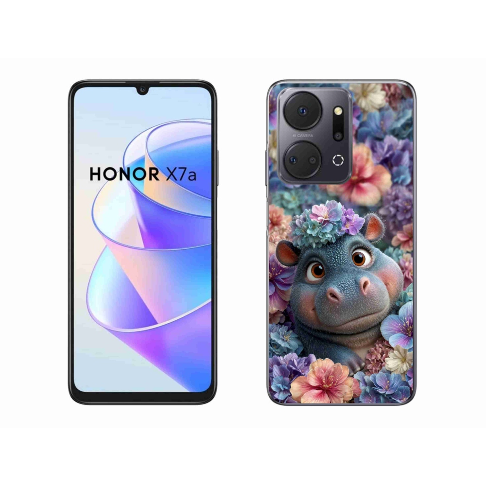 Gelový kryt mmCase na Honor X7a - hrošík v květinách