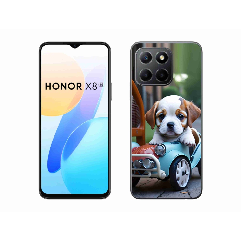 Gelový kryt mmCase na Honor X8 5G/Honor 70 Lite - štěně v retro autě