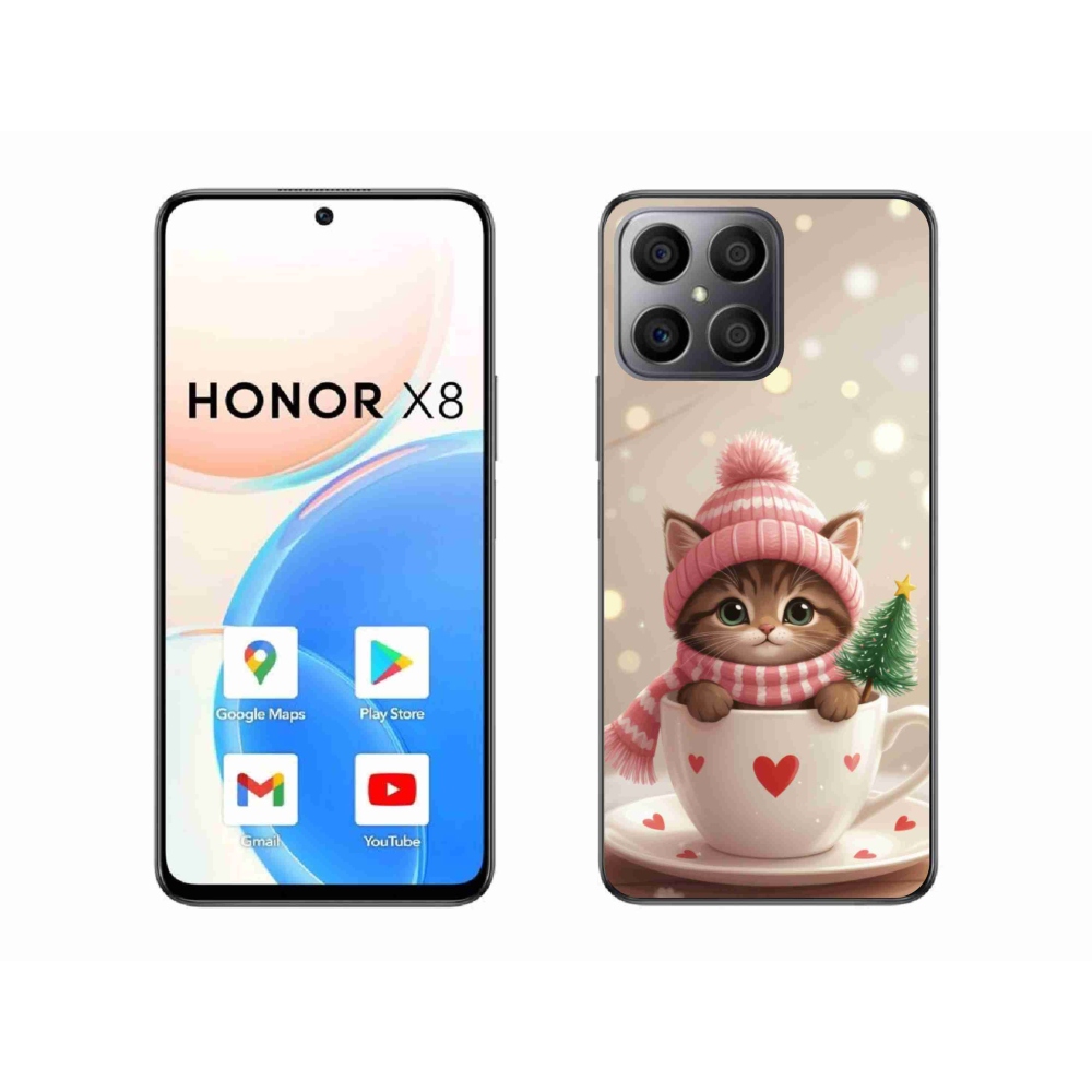 Gelový kryt mmCase na Honor X8 - vánoční kotě v hrnku