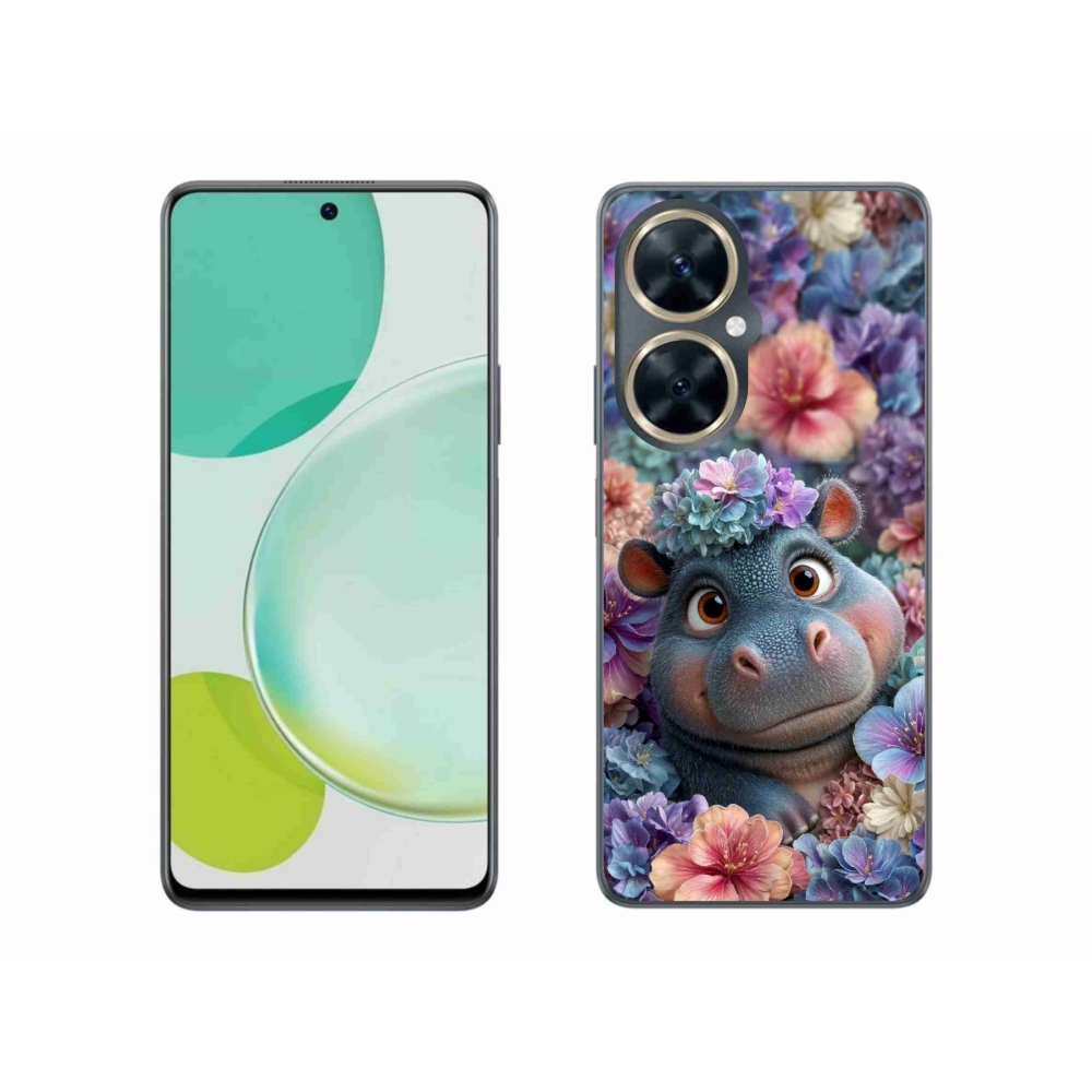Gelový kryt mmCase na Huawei Nova 11i - hrošík v květinách