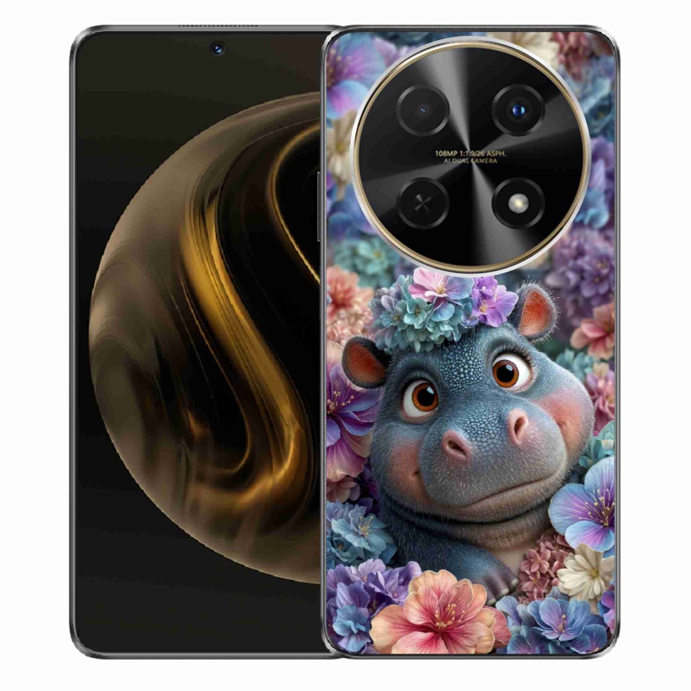 Gelový kryt mmCase na Huawei Nova 12i - hrošík v květinách