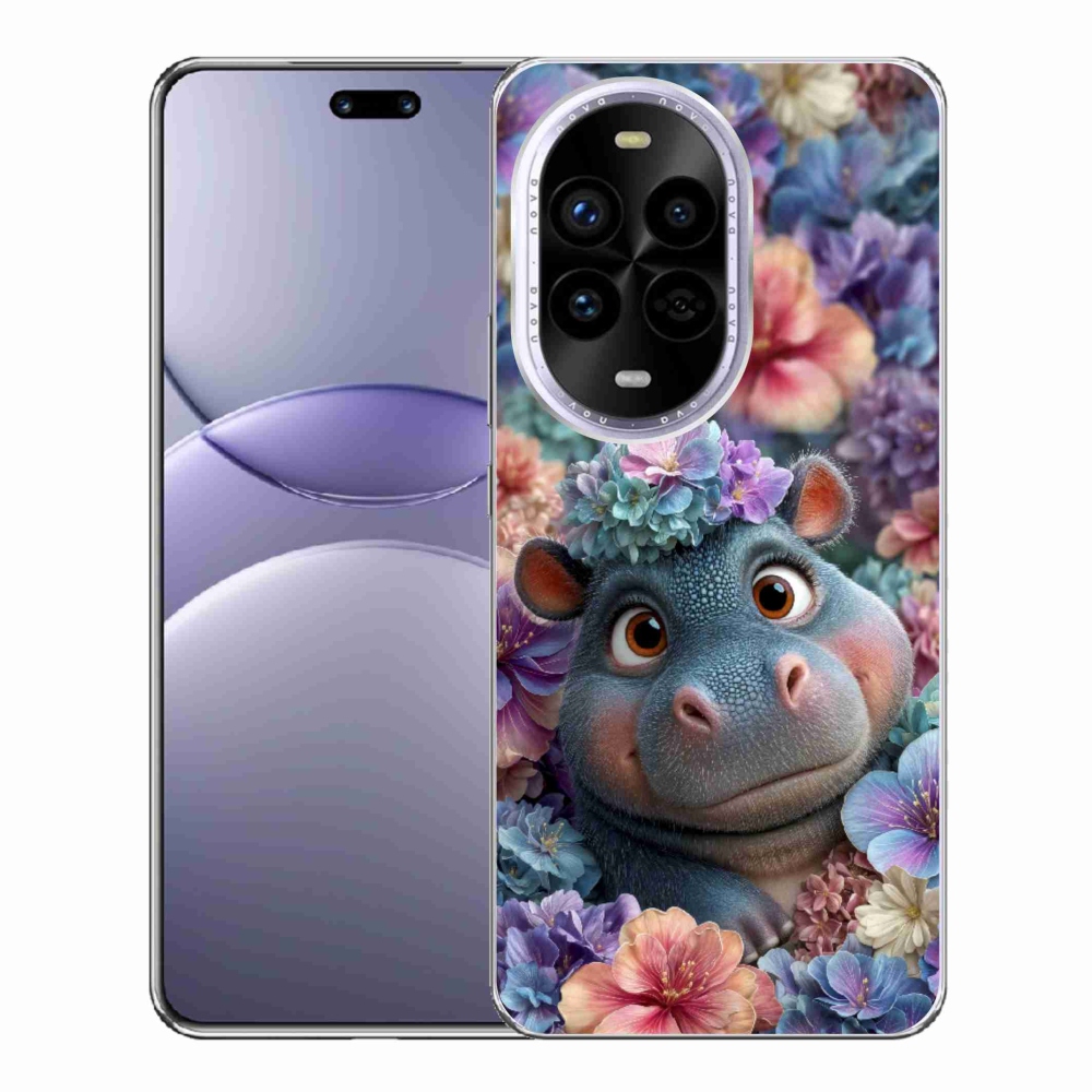 Gelový kryt mmCase na Huawei Nova 13 Pro 5G - hrošík v květinách