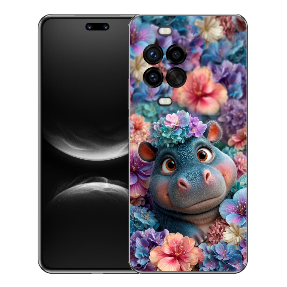 Gelový kryt mmCase na Huawei Nova 14 Pro - hrošík v květinách