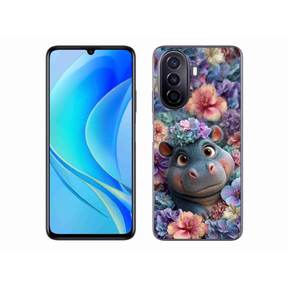 Gelový kryt mmCase na Huawei Nova Y70 - hrošík v květinách