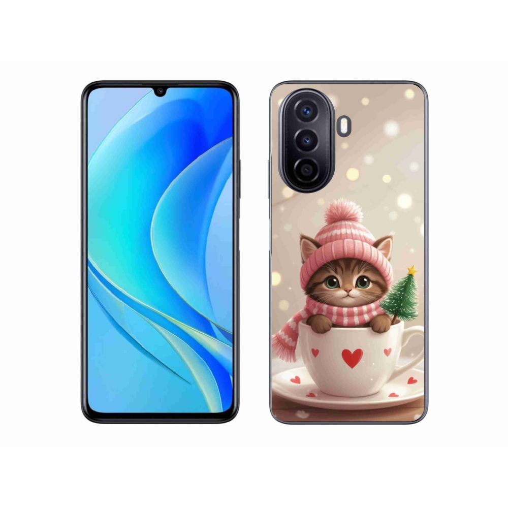 Gelový kryt mmCase na Huawei Nova Y70 - vánoční kotě v hrnku