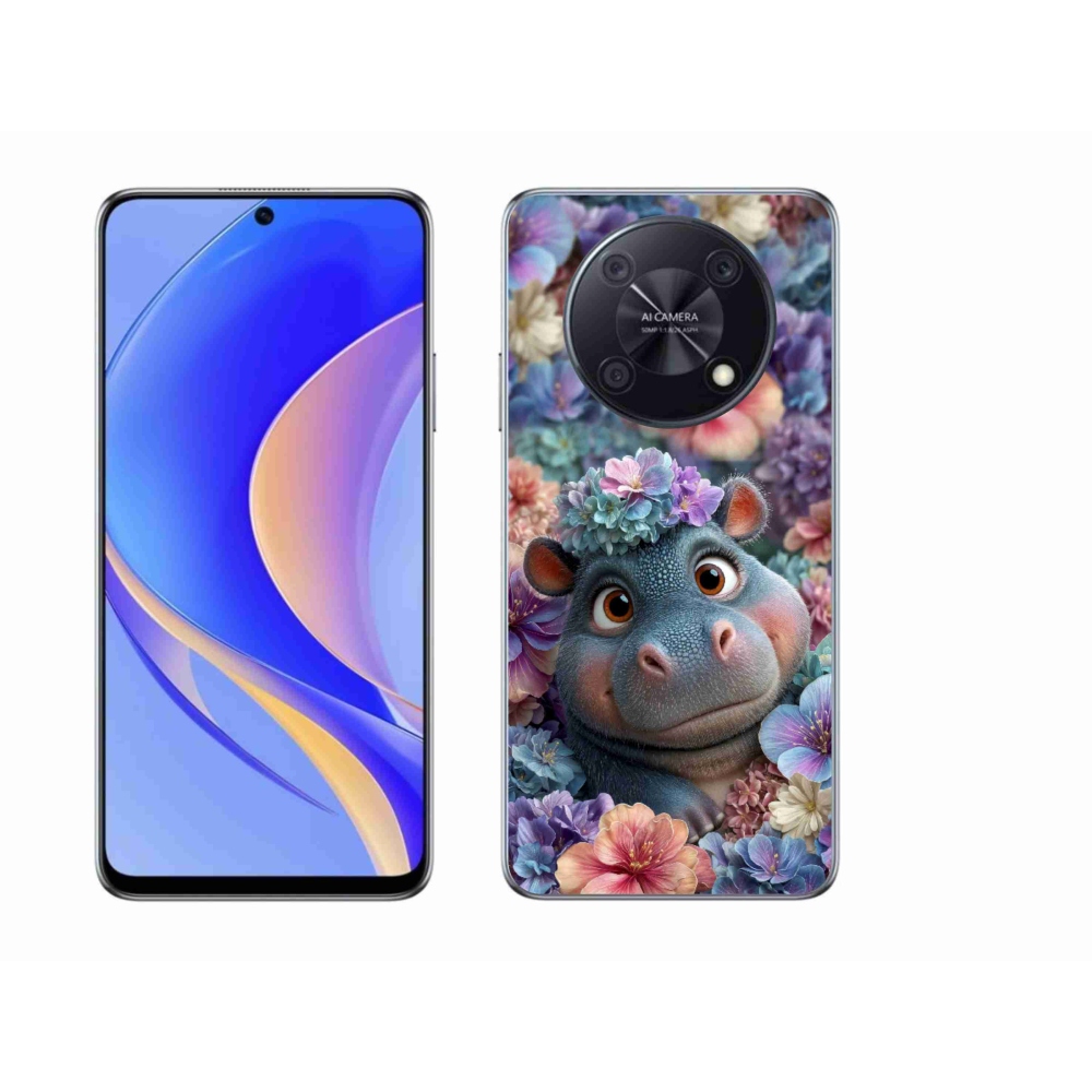 Gelový kryt mmCase na Huawei Nova Y90 - hrošík v květinách