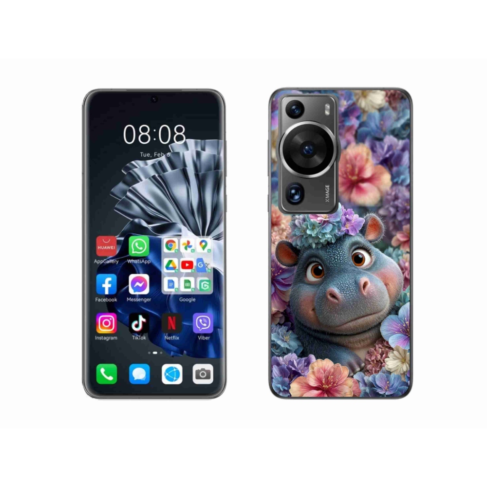 Gelový kryt mmCase na Huawei P60 Pro - hrošík v květinách