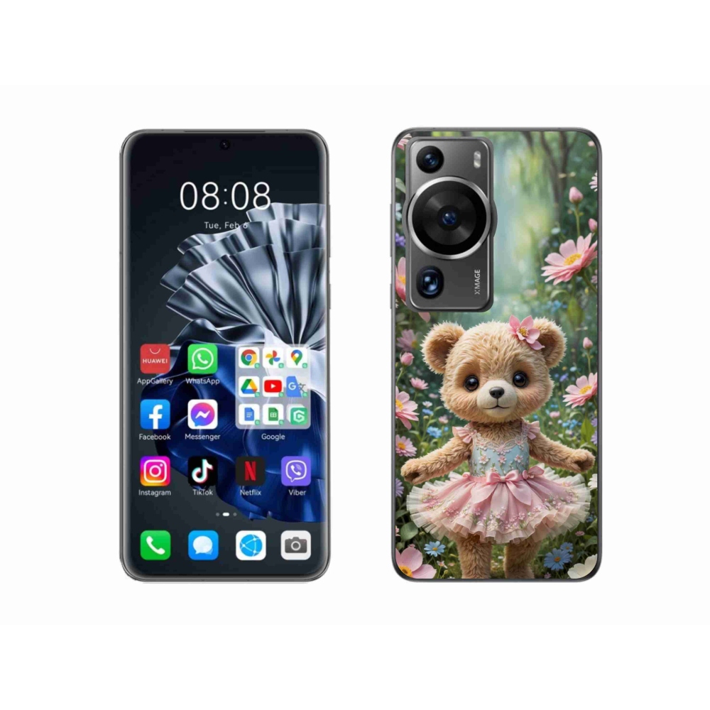 Gelový kryt mmCase na Huawei P60 Pro - roztomilý medvídek v květinách