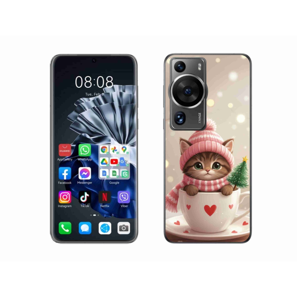 Gelový kryt mmCase na Huawei P60 Pro - vánoční kotě v hrnku