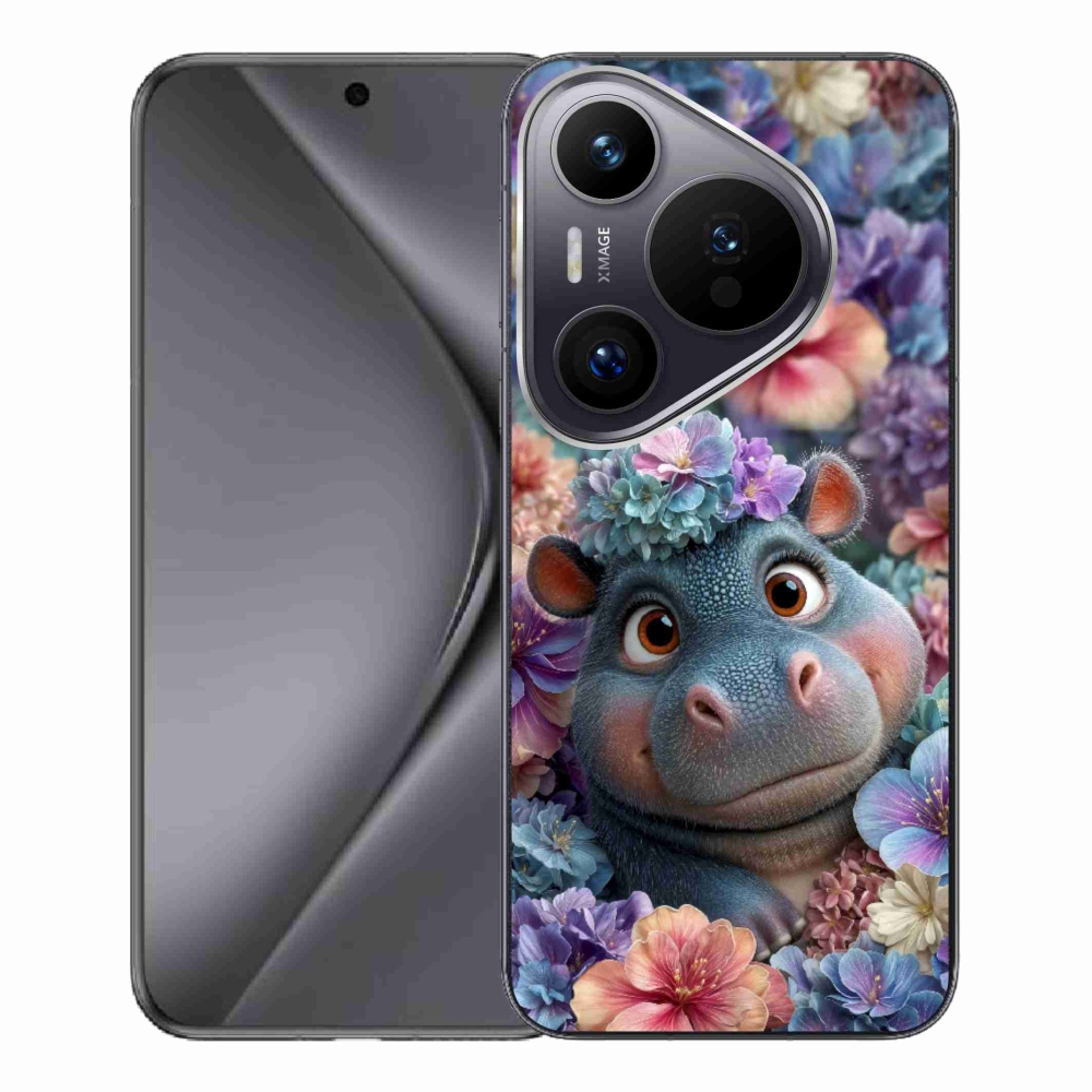 Gelový kryt mmCase na Huawei Pura 70 Pro - hrošík v květinách