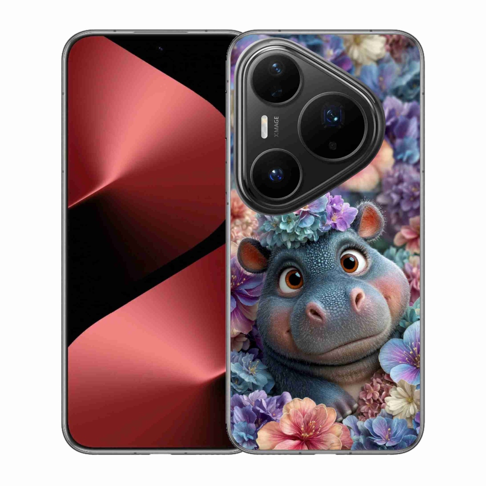 Gelový kryt mmCase na Huawei Pura 80 Pro - hrošík v květinách