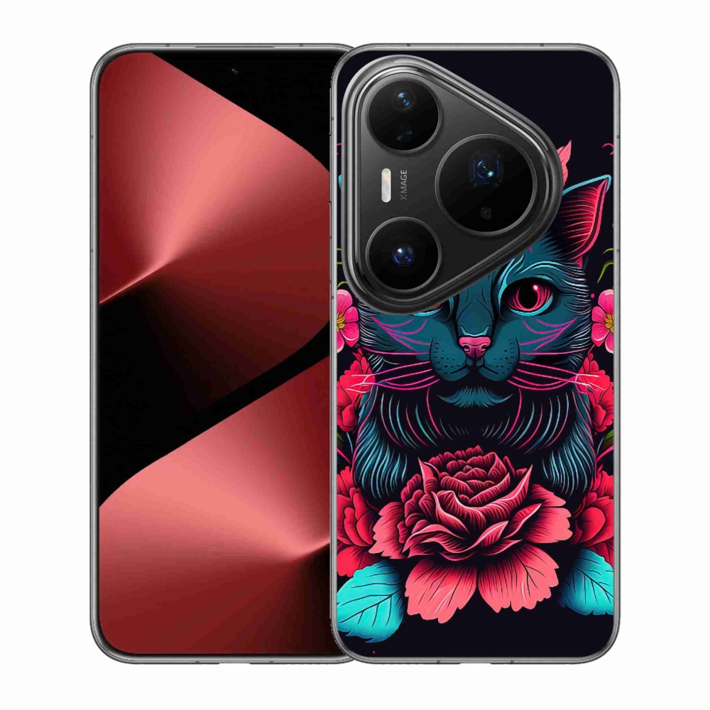 Gelový kryt mmCase na Huawei Pura 80 Pro - květiny a kočka