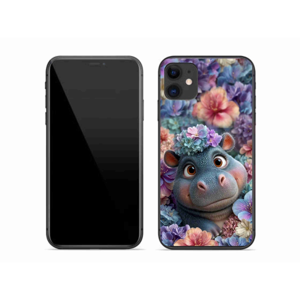 Gelový kryt mmCase na iPhone 11 - hrošík v květinách