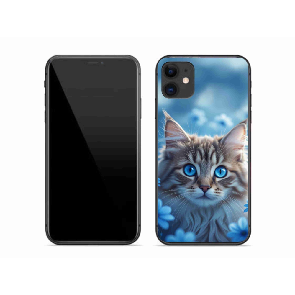 Gelový kryt mmCase na iPhone 11 - koťátko v modrých květech