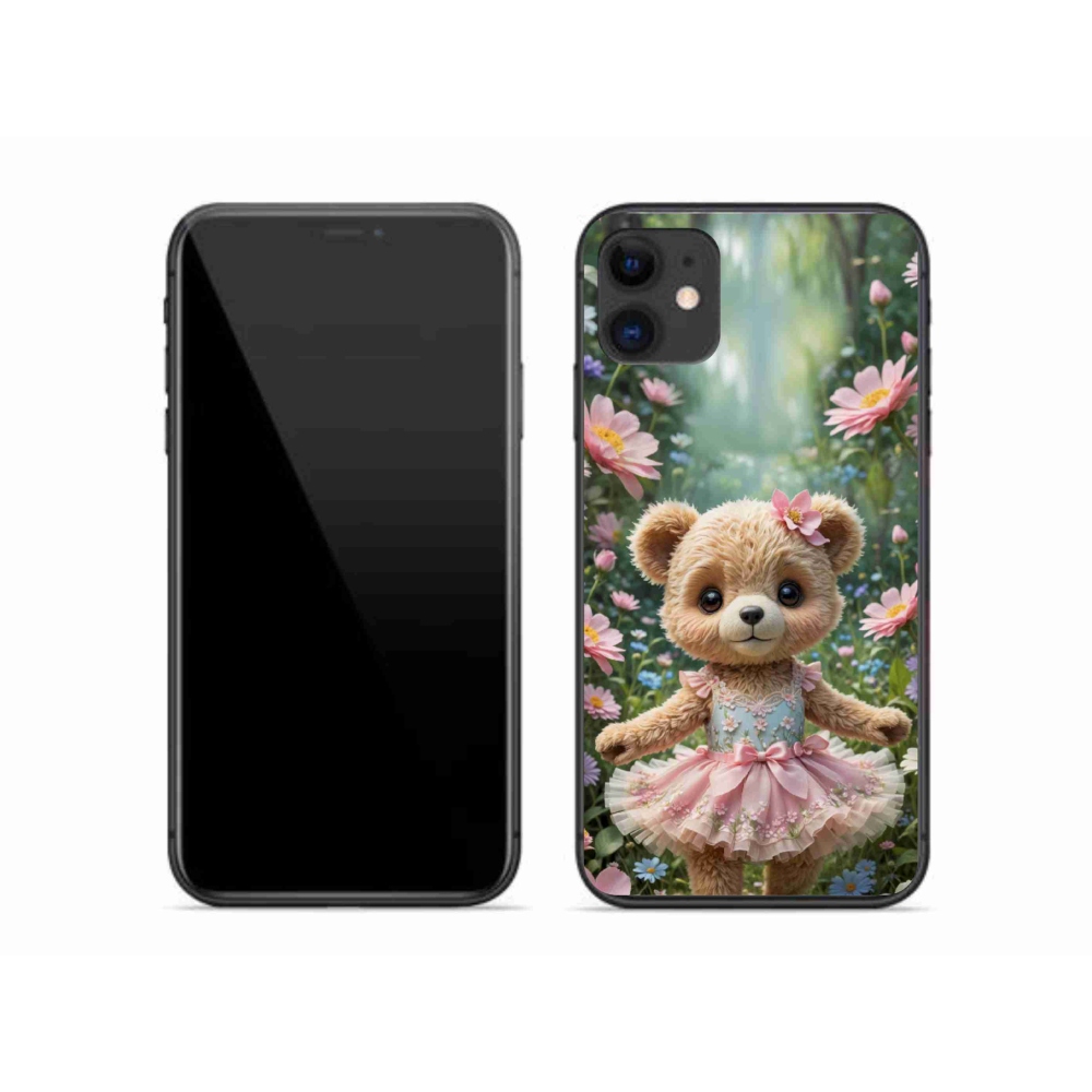 Gelový kryt mmCase na iPhone 11 - roztomilý medvídek v květinách