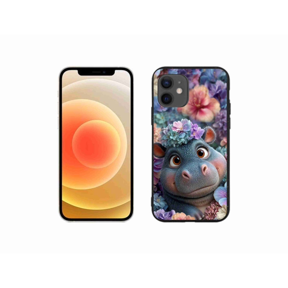 Gelový kryt mmCase na iPhone 12 Mini - hrošík v květinách