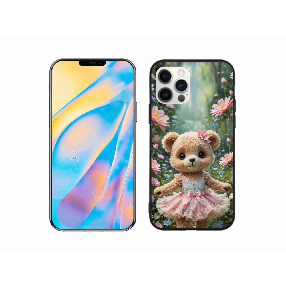 Gelový kryt mmCase na iPhone 12 Pro - roztomilý medvídek v květinách