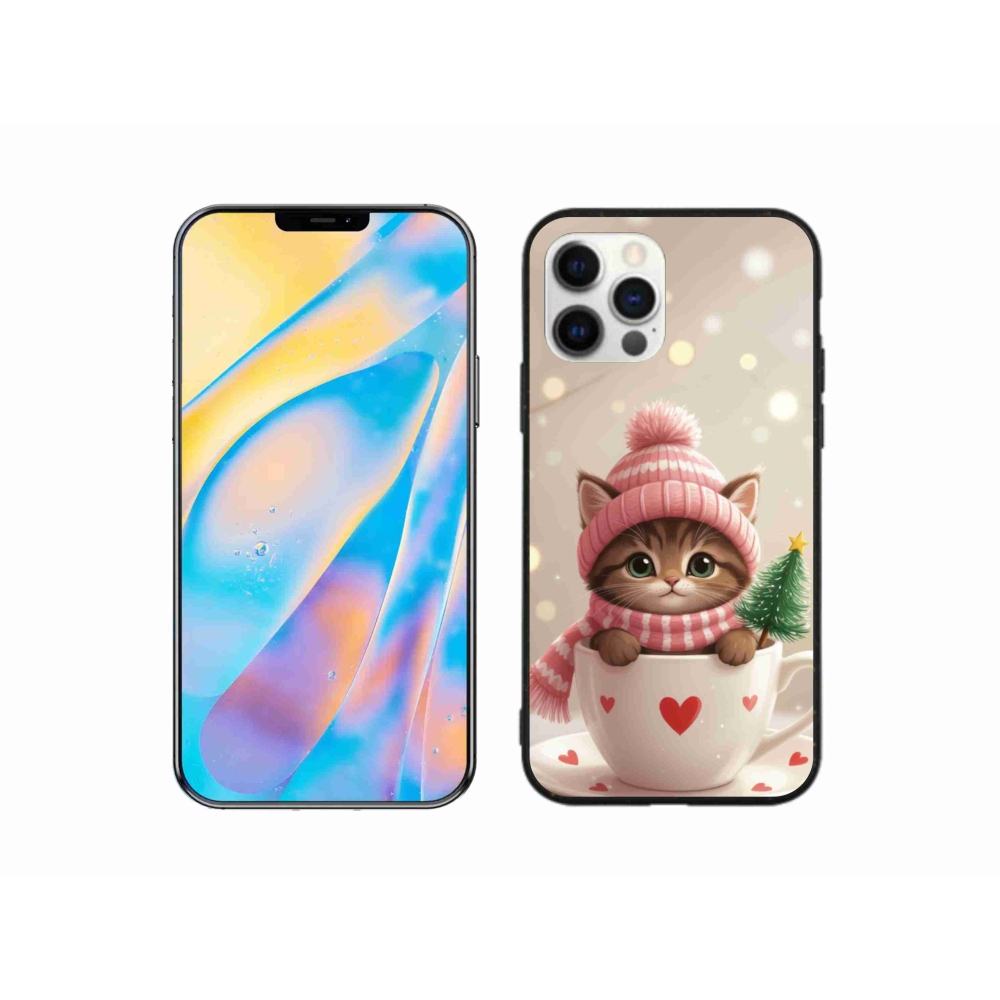 Gelový kryt mmCase na iPhone 12 Pro - vánoční kotě v hrnku