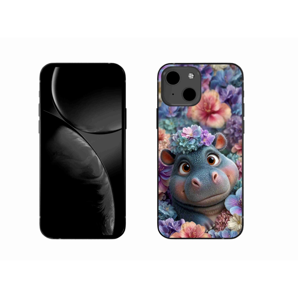 Gelový kryt mmCase na iPhone 13 - hrošík v květinách