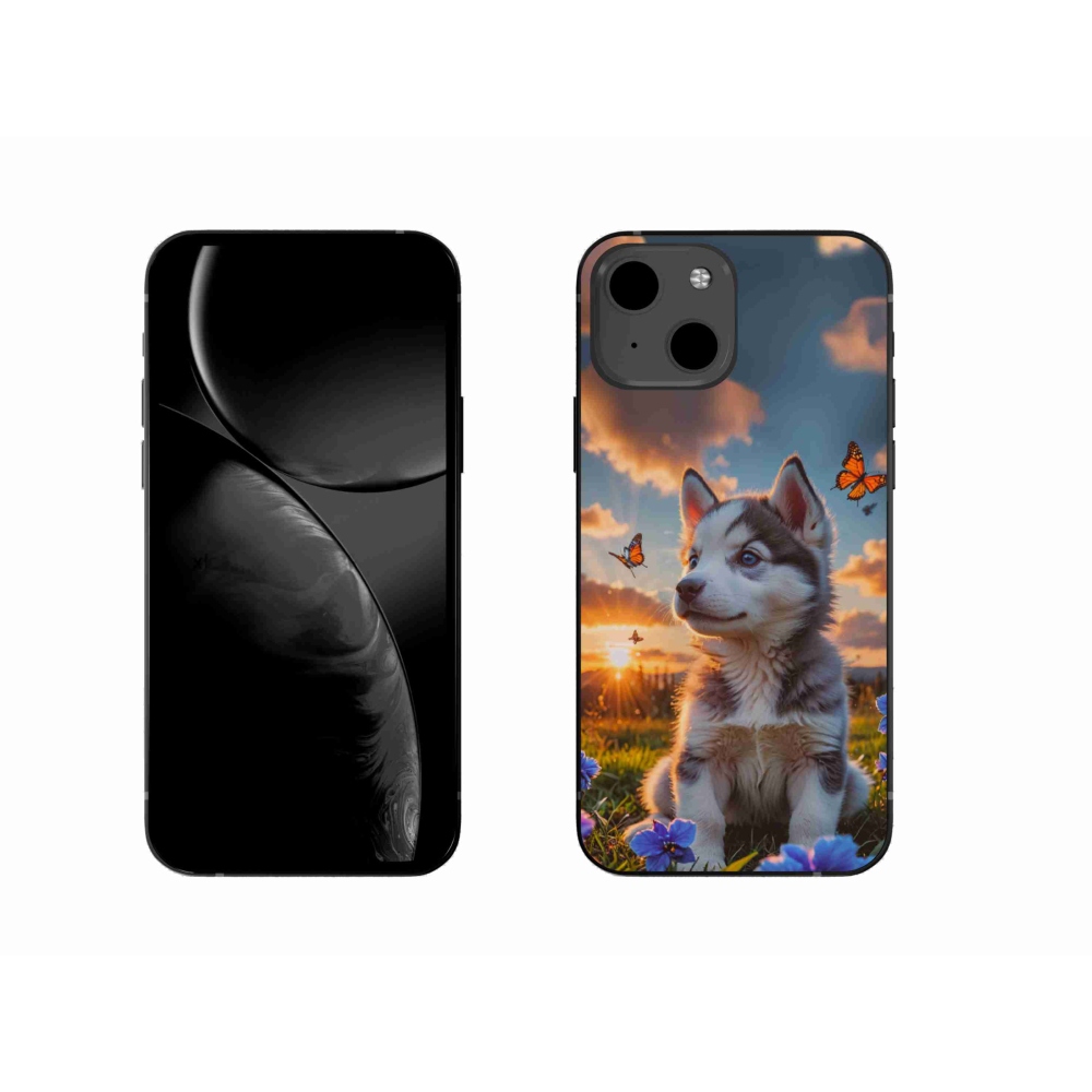 Gelový kryt mmCase na iPhone 13 - husky při západu slunce
