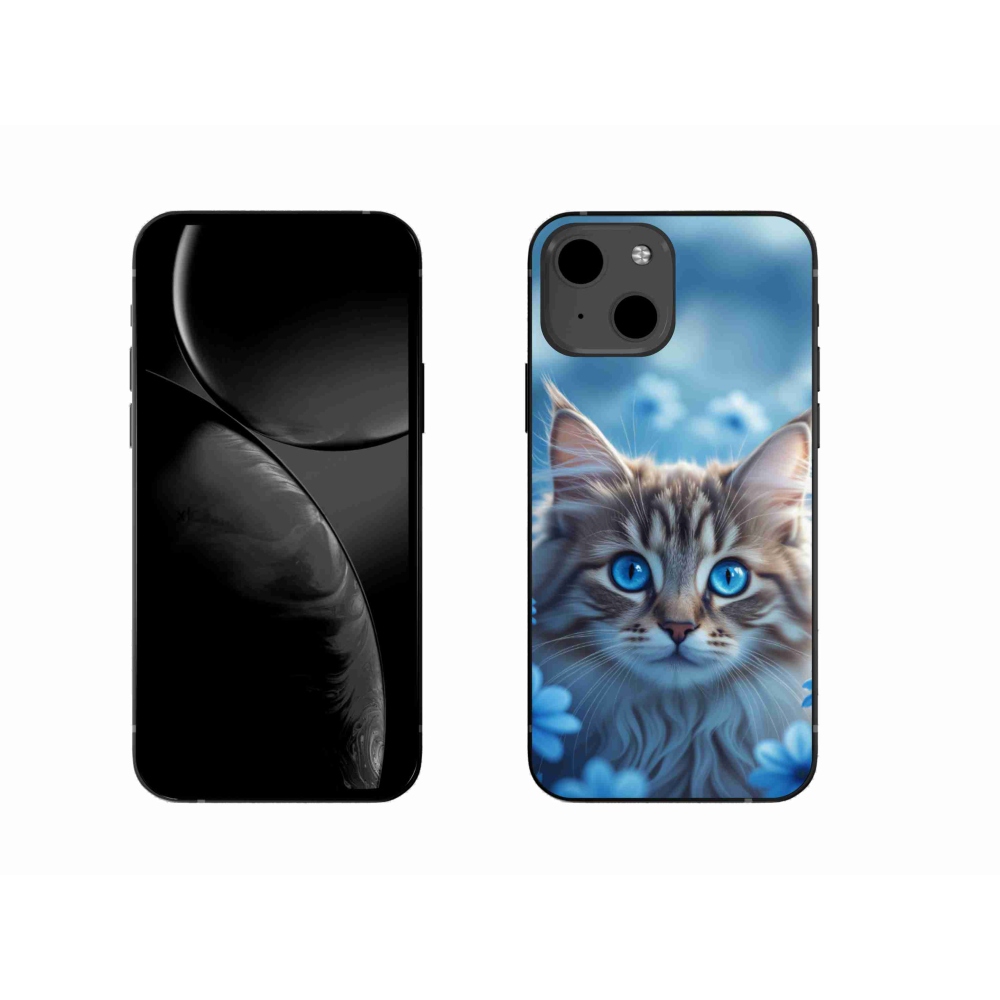 Gelový kryt mmCase na iPhone 13 - koťátko v modrých květech