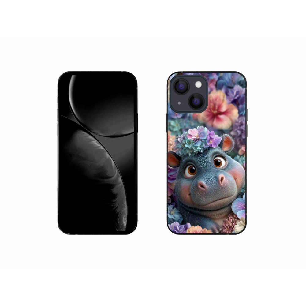 Gelový kryt mmCase na iPhone 13 Mini - hrošík v květinách