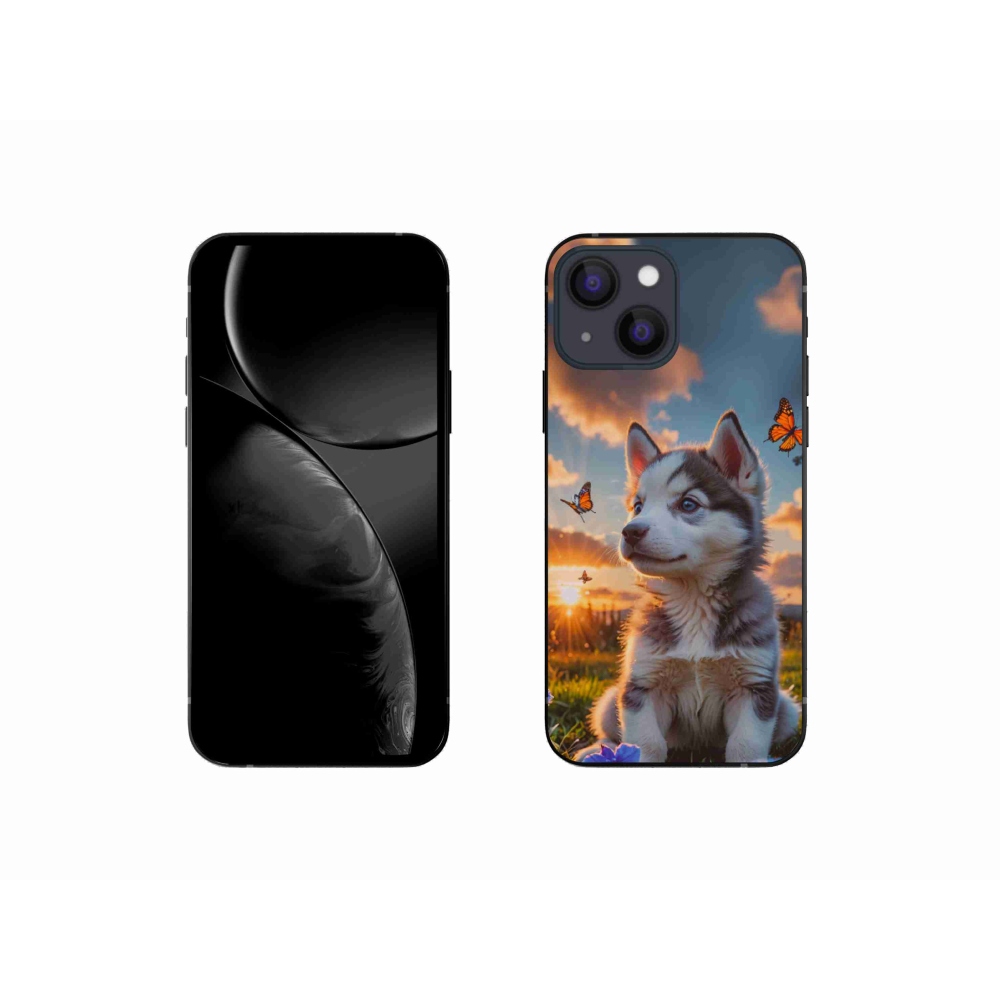 Gelový kryt mmCase na iPhone 13 Mini - husky při západu slunce
