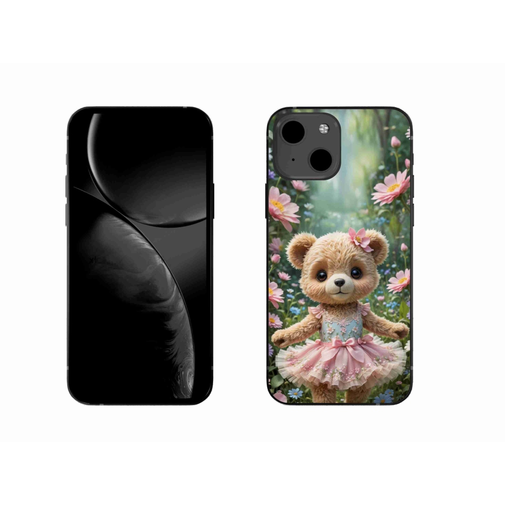 Gelový kryt mmCase na iPhone 13 - roztomilý medvídek v květinách