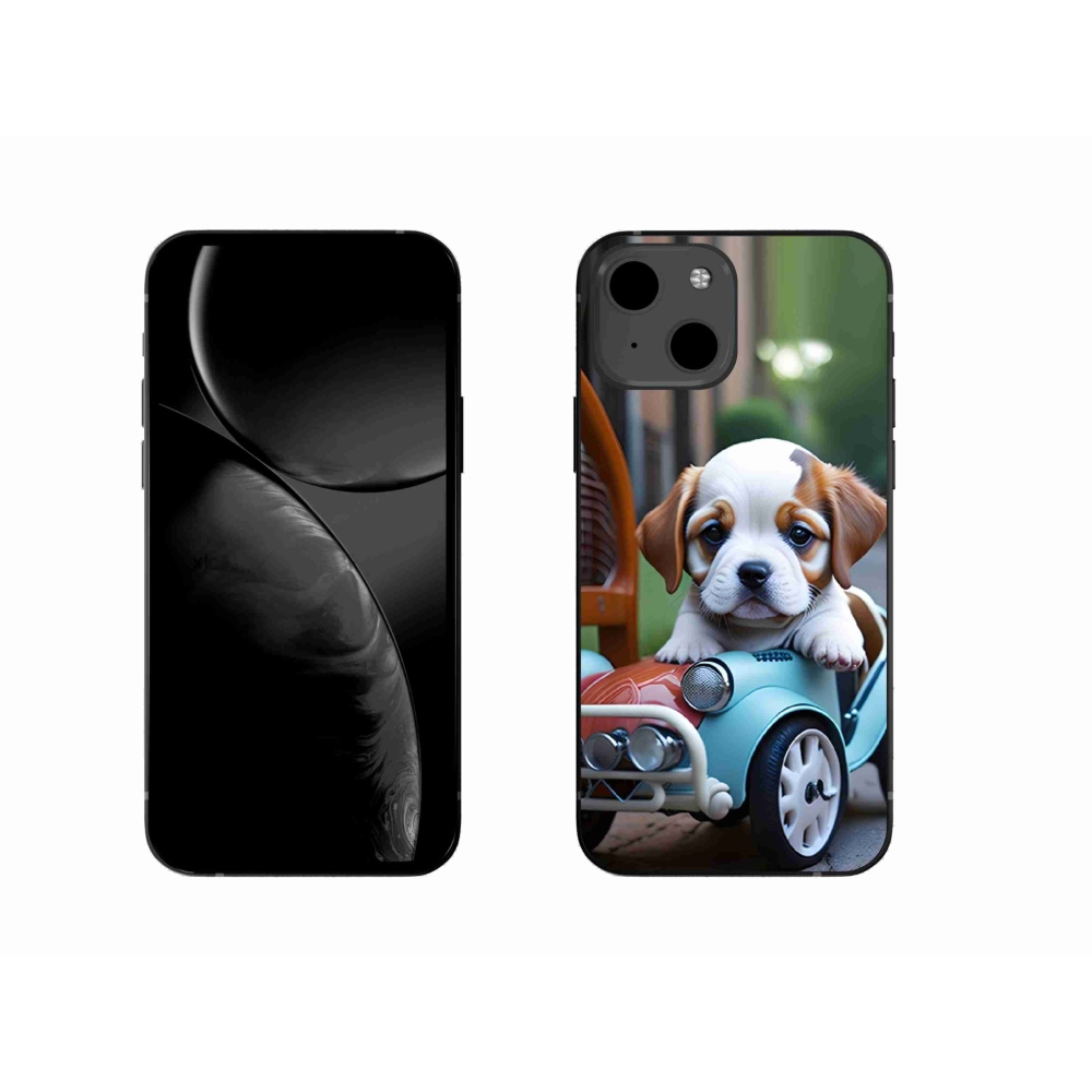Gelový kryt mmCase na iPhone 13 - štěně v retro autě