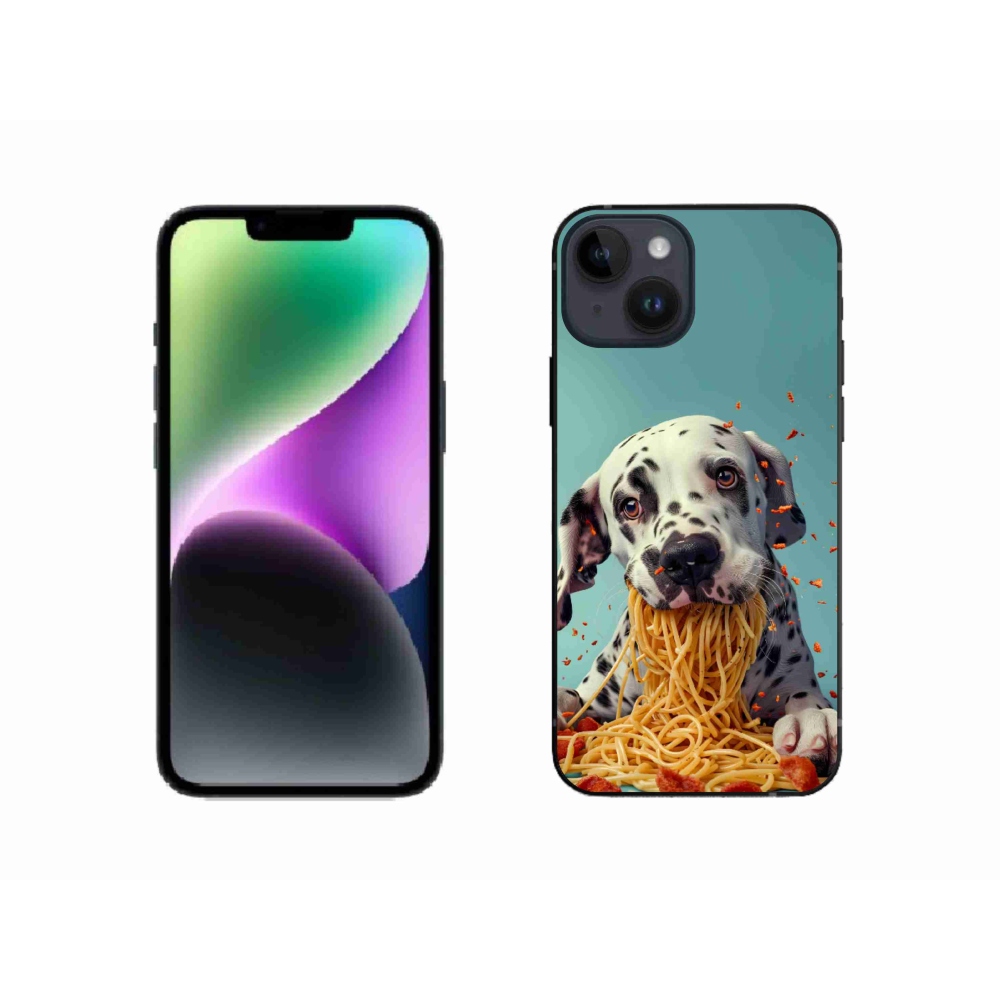 Gelový kryt mmCase na iPhone 14 - dalmatin a špagety