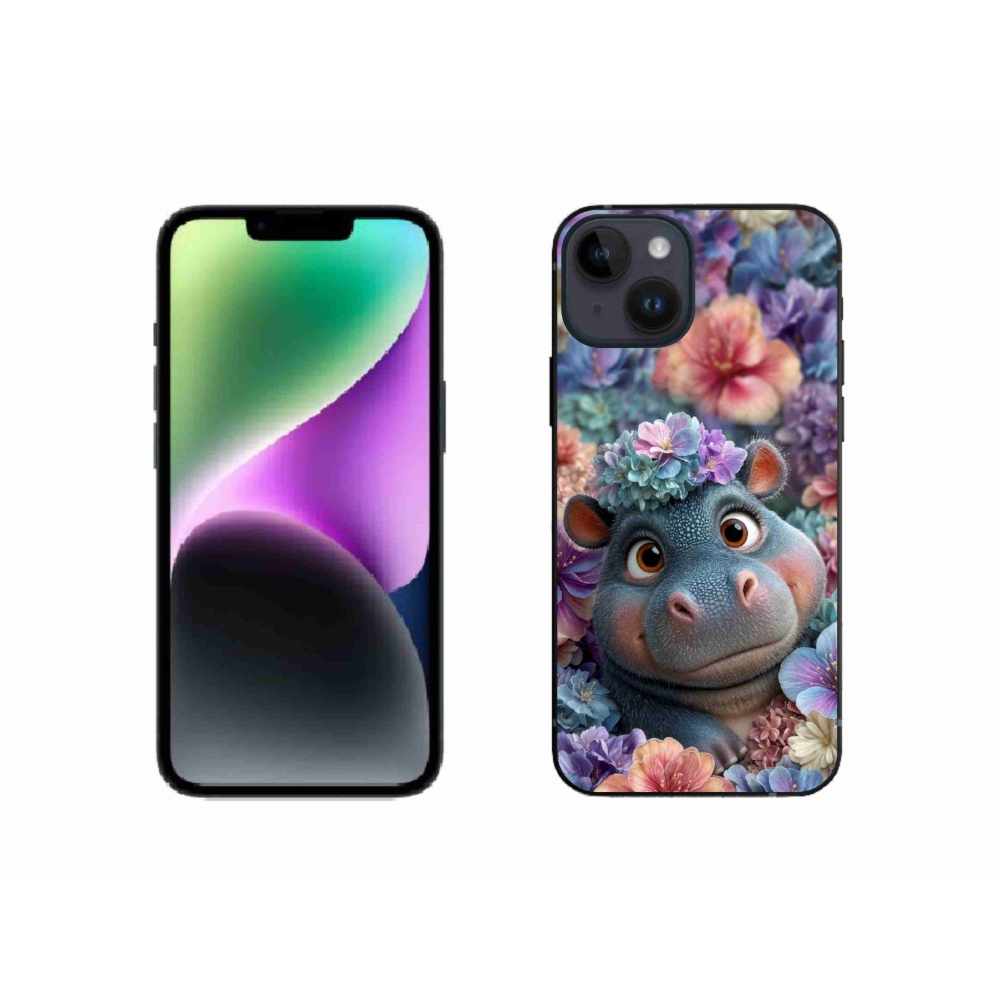 Gelový kryt mmCase na iPhone 14 - hrošík v květinách