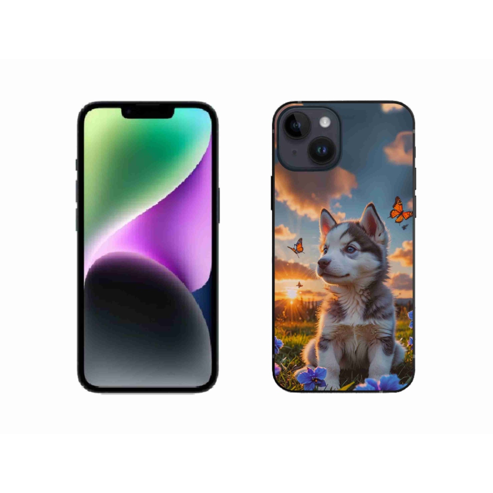 Gelový kryt mmCase na iPhone 14 - husky při západu slunce