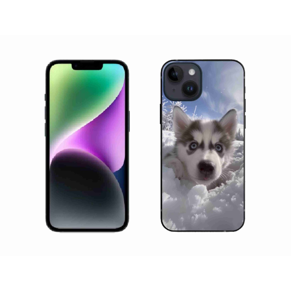 Gelový kryt mmCase na iPhone 14 - husky ve sněhu