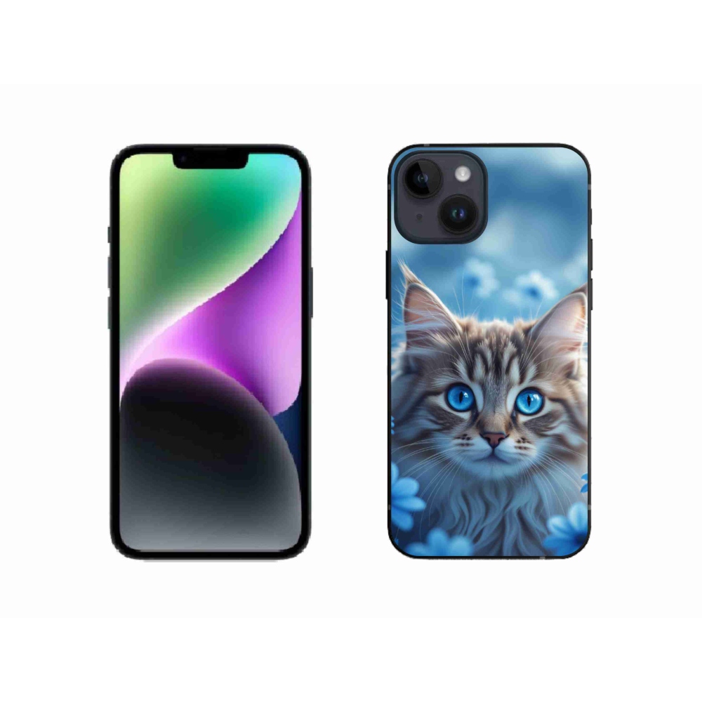 Gelový kryt mmCase na iPhone 14 - koťátko v modrých květech