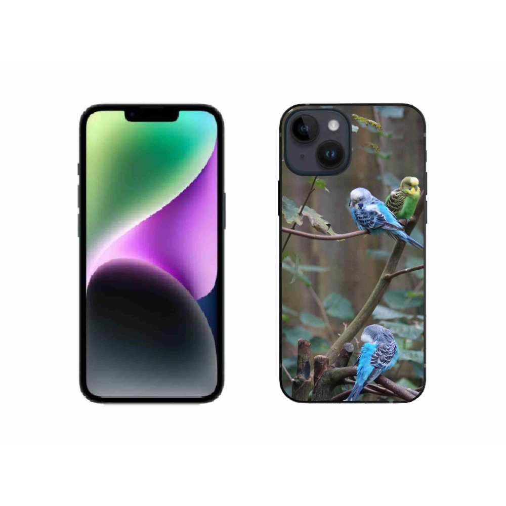 Gelový kryt mmCase na iPhone 14 - papoušci na větvi