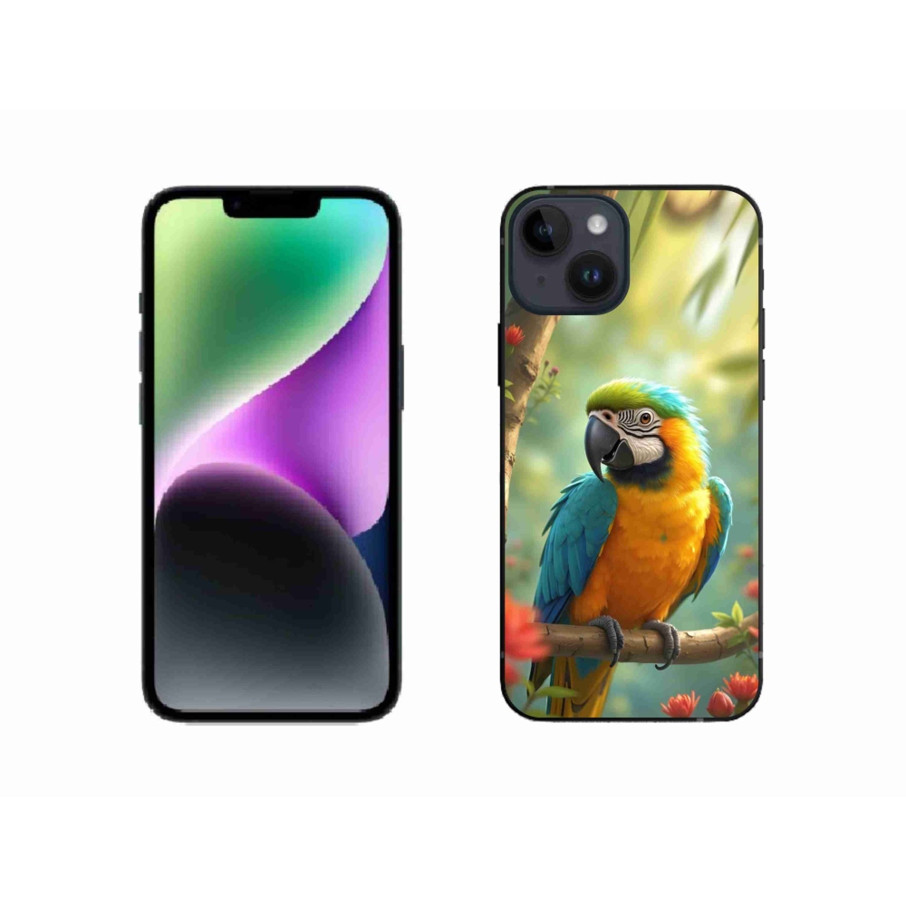 Gelový kryt mmCase na iPhone 14 - papoušek ara modrožlutá