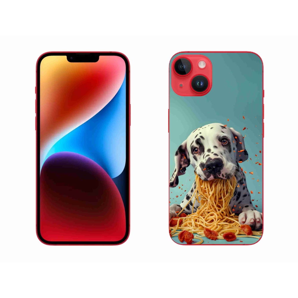Gelový kryt mmCase na iPhone 14 Plus - dalmatin a špagety