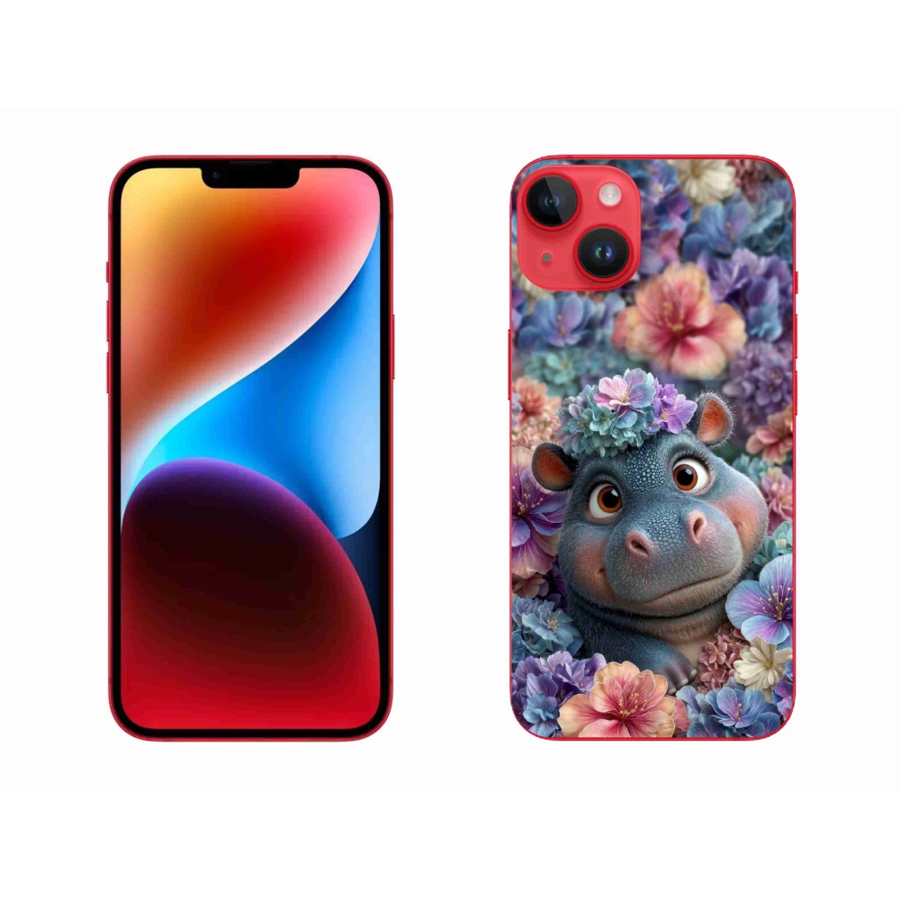 Gelový kryt mmCase na iPhone 14 Plus - hrošík v květinách