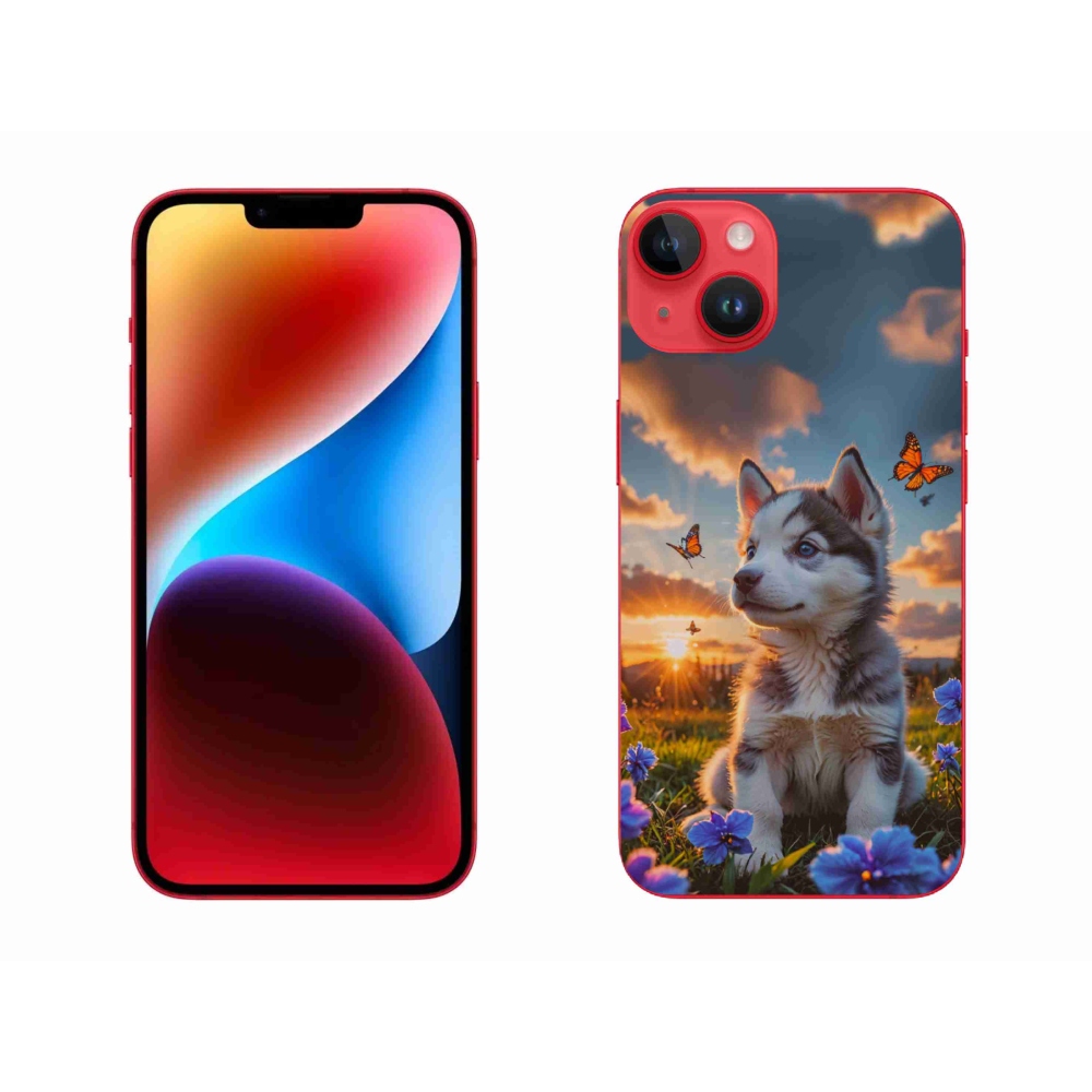 Gelový kryt mmCase na iPhone 14 Plus - husky při západu slunce
