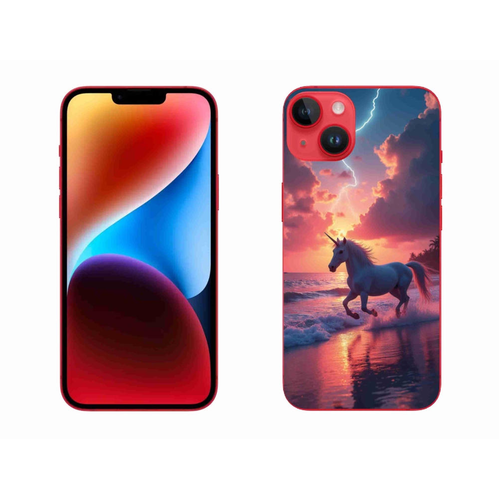Gelový kryt mmCase na iPhone 14 Plus - jednorožec na pláži