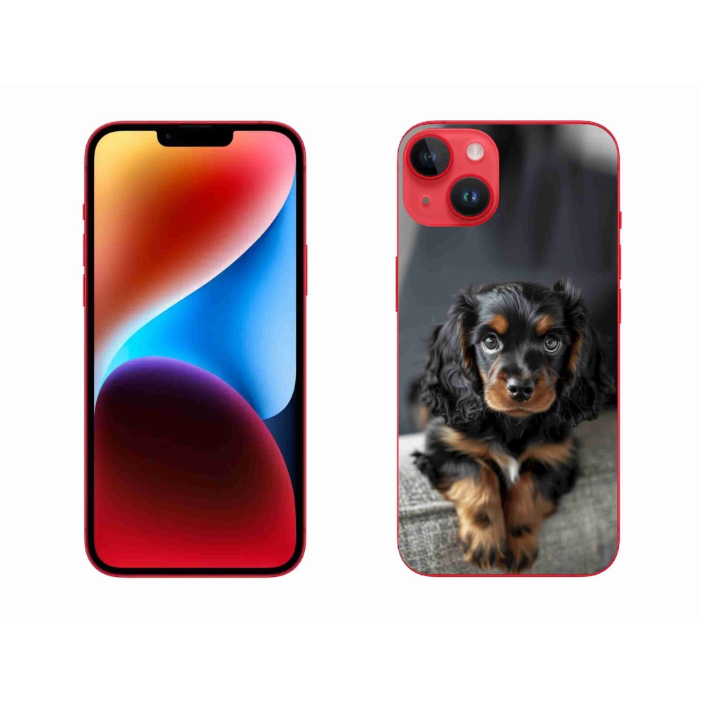 Gelový kryt mmCase na iPhone 14 Plus - roztomilý dlouhosrstý jezevčík
