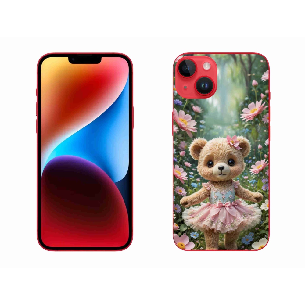 Gelový kryt mmCase na iPhone 14 Plus - roztomilý medvídek v květinách